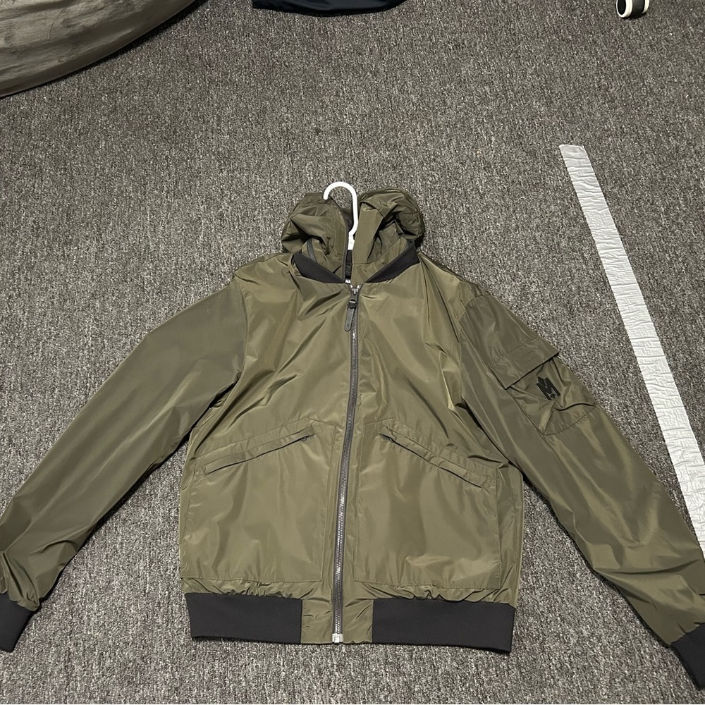 Mens Mackage Army Green bomber jacket with removable hood
